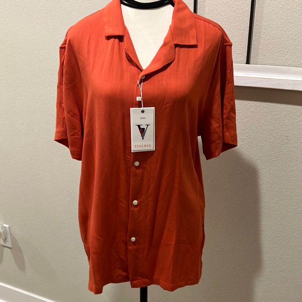 Denim & Flower rusty orange button up shirt graphic flowers NWT